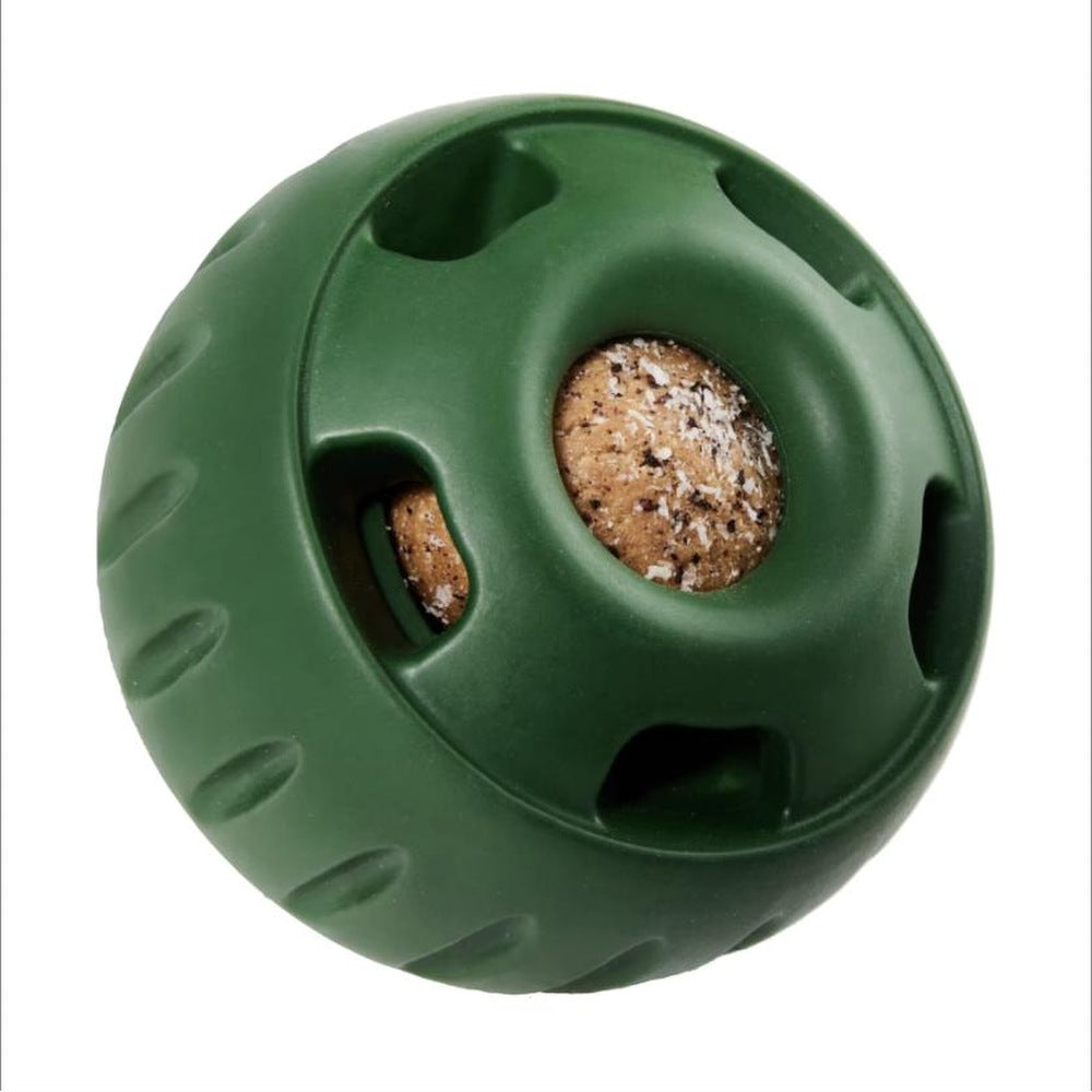 Green chew-resistant frozen treat ball with treat inside