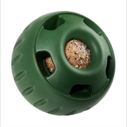 Green chew-resistant frozen treat ball with treat inside