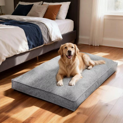 Golden retriever on Grey linen dog bed